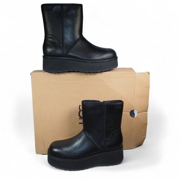 UGG Cityfunc Mid Leather Waterproof Platform Boots Black 1162990 Women's 8 - Picture 1 of 11
